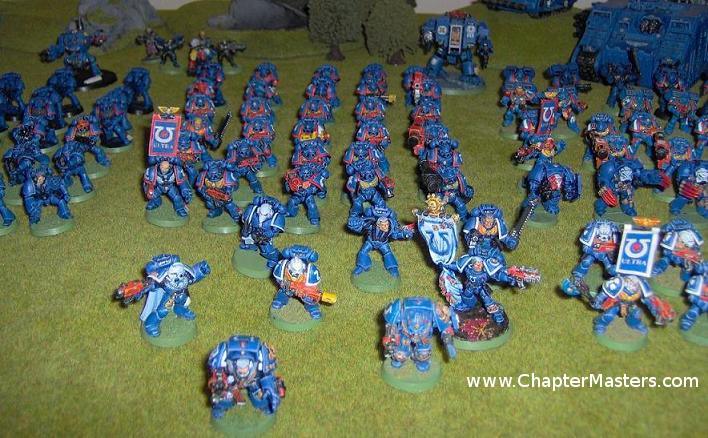 Space Marine Captian with Terminator honours, 1989 Terminator Captian, 1998 Plastic spacemarine, 1994 Spacemarine with melta gun, 1989 Rhino Marine with power fist, 1989 Terminator Librian, 2002 skulls Limted edition spacemarine standard bearer, 1992 Plastic Spacemarine Sargent from Warhammer 40000 2nd edition box set